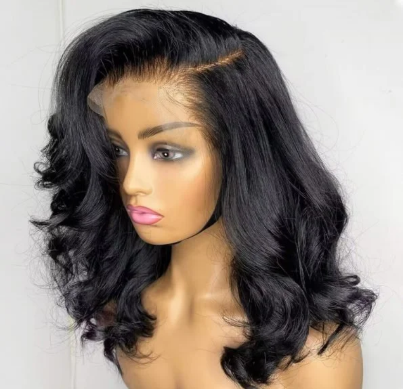 Lace Wig de Cabelo Humano Natural, Bob Ondulado Preto