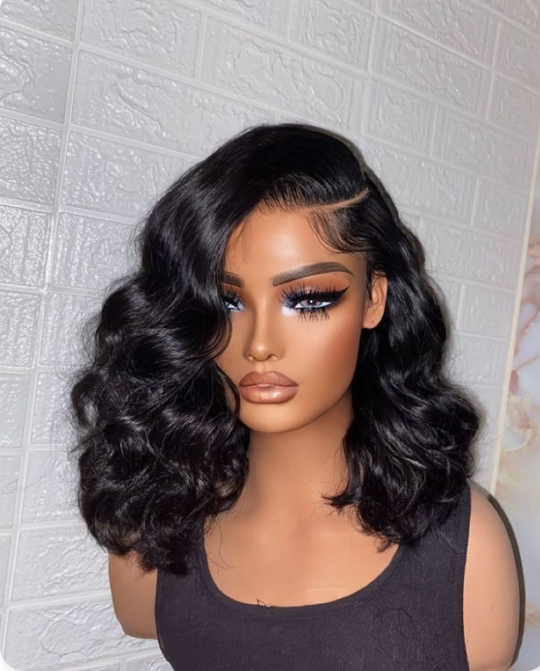 Lace Wig de Cabelo Humano Natural, Bob Ondulado Preto