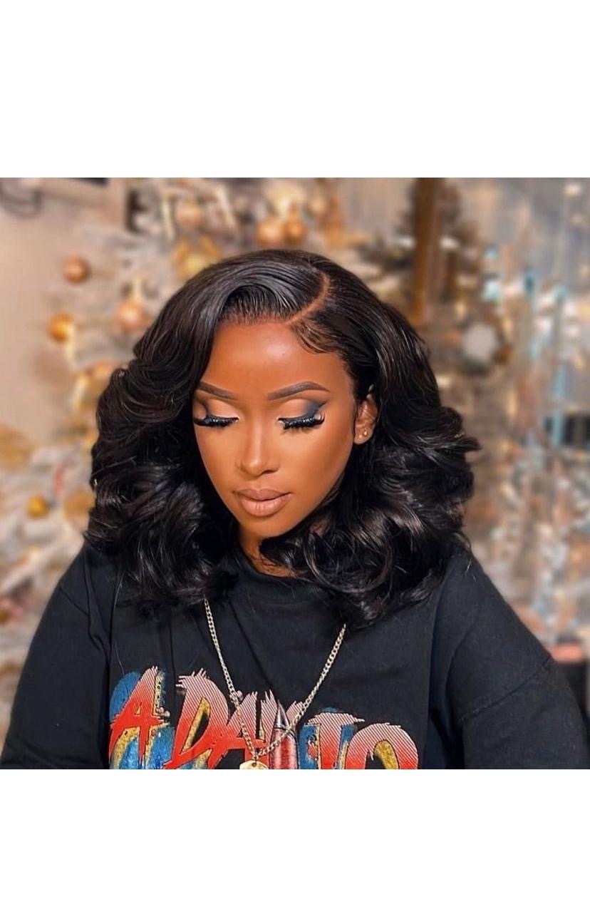 Lace Wig de Cabelo Humano Natural, Bob Ondulado Preto