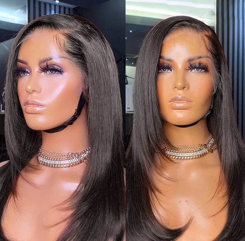 Peruca frontal lace 13x4 com corte em camadas, cabelo liso, corte de borboleta