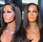 Peruca frontal lace 13x4 com corte em camadas, cabelo liso, corte de borboleta