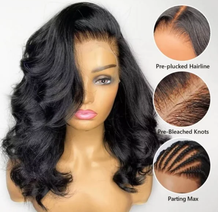 Lace Wig de Cabelo Humano Natural, Bob Ondulado Preto