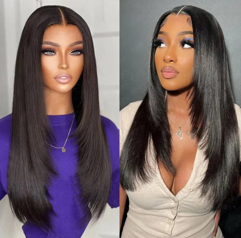 Peruca frontal lace 13x4 com corte em camadas, cabelo liso, corte de borboleta